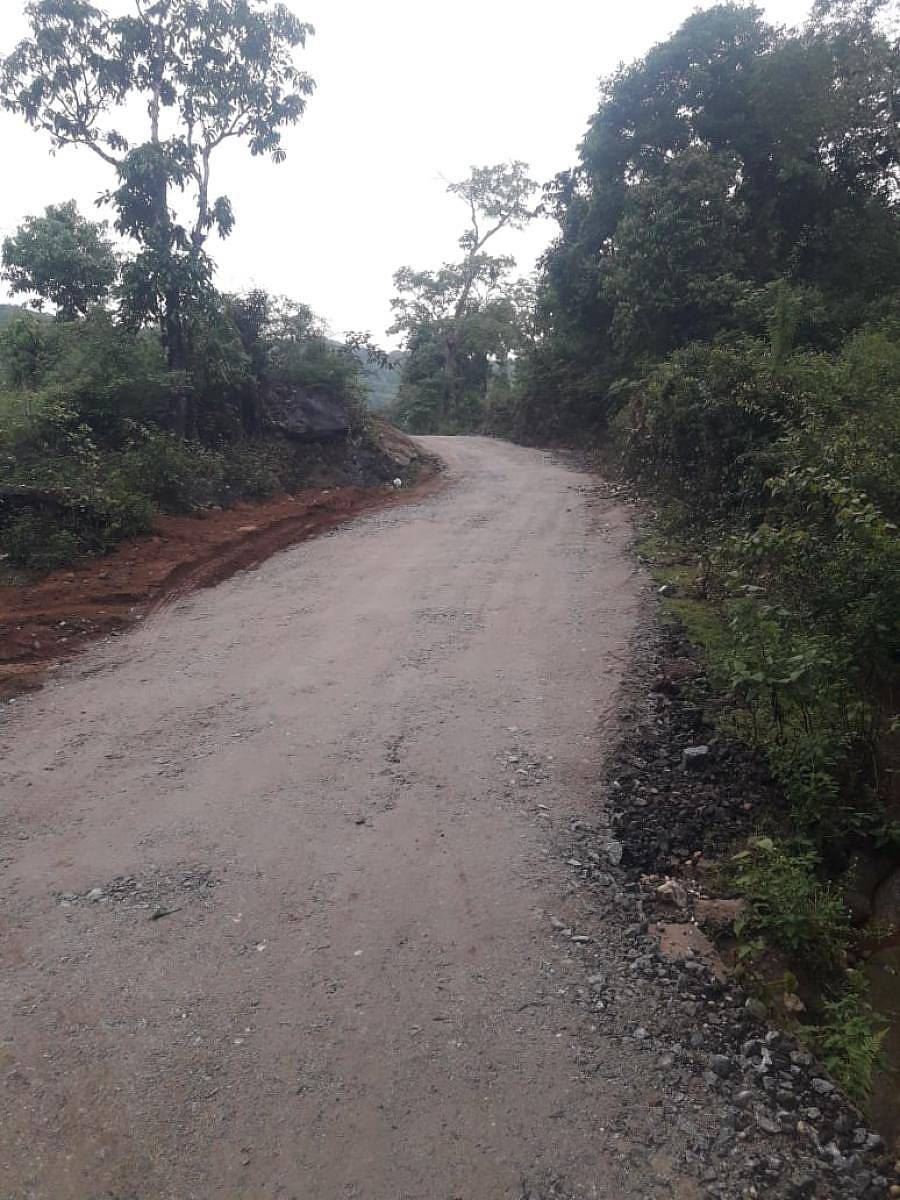 ಕಳಸ ತಾಲ್ಲೂಕಿನ ಹೊರನಾಡು-ಬಲಿಗೆ ಗ್ರಾಮದ ರಸ್ತೆ ಕಾಮಗಾರಿಯ ದೃಶ್ಯ.