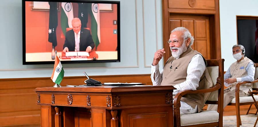 ಗುರುವಾರ ನಡೆದ ಆನ್ಲೈನ್ ಶೃಂಗಸಭೆಯಲ್ಲಿ ಪ್ರಧಾನಿ ನರೇಂದ್ರ ಮೋದಿ ಹಾಗೂ ಆಸ್ಟ್ರೇಲಿಯಾ ಪ್ರಧಾನಿ ಸ್ಕಾಟ್  ಮಾರಿಸನ್ ಮಾತುಕತೆ ನಡೆಸಿದರು  –ಪಿಟಿಐ ಚಿತ್ರ