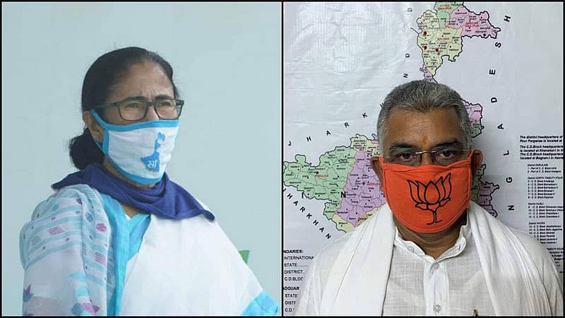 ಟಿಎಂಸಿ ಮುಖ್ಯಸ್ಥೆ ಮಮತಾ ಬ್ಯಾನರ್ಜಿ ಮತ್ತು ಬಿಜೆಪಿ ರಾಜ್ಯ ಘಟಕದ ಅಧ್ಯಕ್ಷ ದಿಲೀಪ್ ಘೋಷ್ ವಿಶೇಷ ಮಾಸ್ಕ್ ಧರಿಸಿರುವುದು