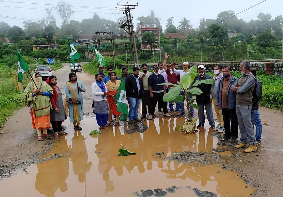 ಮಡಿಕೇರಿಯ ರೇಸ್ಕೋರ್ಸ್ ರಸ್ತೆಯಲ್ಲಿ ಬಿದ್ದಿರುವ ಗುಂಡಿಗಳಲ್ಲಿ ಬಾಳೆಗಿಡ ನೆಟ್ಟು ಜೆಡಿಎಸ್ ಕಾರ್ಯಕರ್ತರು ದುರಸ್ತಿಗೆ ಗುರುವಾರ ಆಗ್ರಹಿಸಿದರು