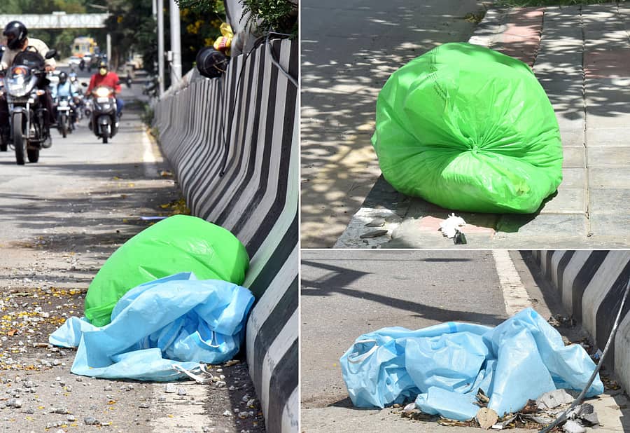 ಮಾನ್ಯತಾ ಟೆಕ್ಪಾರ್ಕ್ ಬಳಿಯ ಮೇಲ್ಸೇತುವೆಯಲ್ಲಿ ಇಡಲಾಗಿದ್ದ ಪಿಪಿಇ ಕಿಟ್ ಮತ್ತು ವೈದ್ಯಕೀಯ ತ್ಯಾಜ್ಯದ ಮೂಟೆಗಳು–ಪ್ರಜಾವಾಣಿ ಚಿತ್ರ