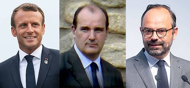 ಕ್ರಮವಾಗಿ ಫ್ರಾನ್ಸ್ ಅಧ್ಯಕ್ಷ ಇಮ್ಯಾನ್ಯುಯಲ್ ಮ್ಯಾಕ್ರೊನ್, ನಿಯೋಜಿತ ಪ್ರಧಾನಿ ಜೀನ್ ಕ್ಯಾಸ್ಟೆಕ್ಸ್, ನಿರ್ಗಮಿತ ಪ್ರಧಾನಿ ಎಡ್ವರ್ಡ್ ಫಿಲಿಪ್
