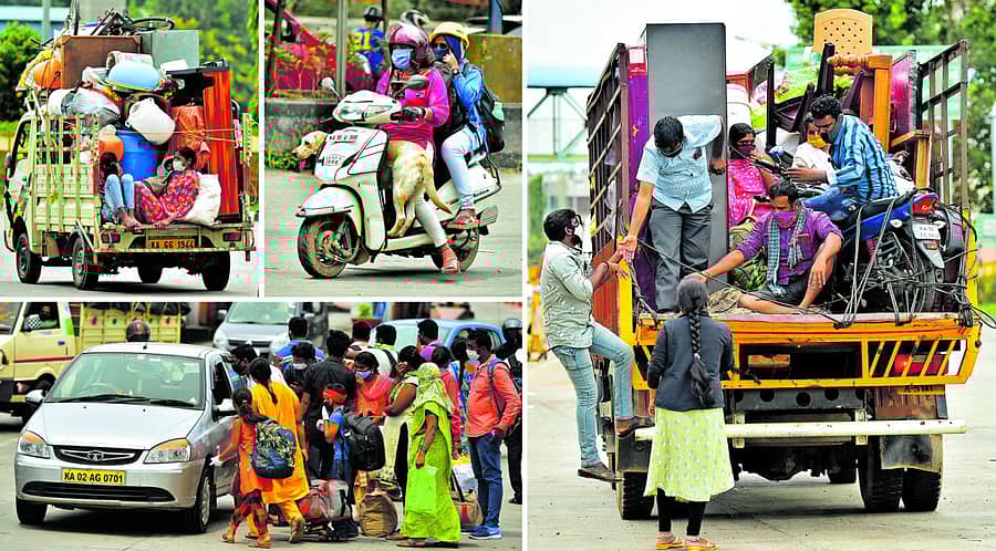 ಲಾಕ್‌ಡೌನ್ ಘೋಷಣೆ ಹಿನ್ನೆಲೆಯಲ್ಲಿ ಜನರು ತಮ್ಮ ಊರುಗಳಿಗೆ ತೆರಳುತ್ತಿರುವ ದೃಶ್ಯ ಬೆಂಗಳೂರಿನ ತುಮಕೂರು ರಸ್ತೆಯಲ್ಲಿ ಸೋಮವಾರ ಕಂಡು ಬಂತು -ಪ್ರಜಾವಾಣಿ ಚಿತ್ರಗಳು/ ರಂಜು ಪಿ.