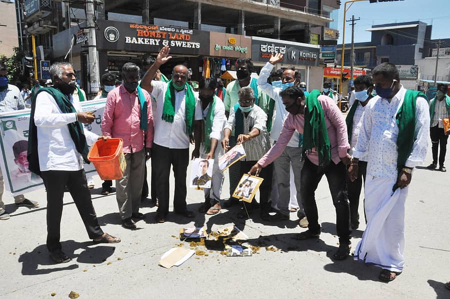 ಪ್ರತಿಭಟನಕಾರರು ವಿವಿಧ ರಾಜಕೀಯ ಪಕ್ಷಗಳ ಮುಖಂಡರ ಭಾವಚಿತ್ರಗಳಿಗೆ ಸಗಣಿ ಎರಚಿ ಆಕ್ರೋಶ ವ್ಯಕ್ತಪಡಿಸಿದರು