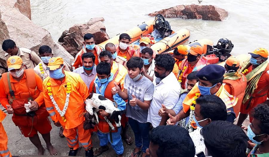 ಹುಣಸಗಿ ತಾಲ್ಲೂಕಿನ ನಾರಾಯಣಪುರ ಬಳಿಯ ನದಿಯ ಮಧ್ಯೆದ ನಡುಗಡ್ಡೆಯಲ್ಲಿ ಸಿಲುಕಿಕೊಂಡಿದ್ದ ಕುರಿಗಾಹಿಯನ್ನು ಸುರಕ್ಷಿತವಾಗಿ ಕರೆ ತರಲಾಯಿತು