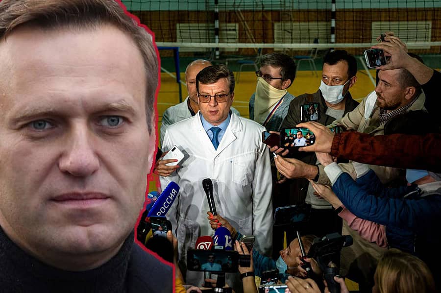 ನವಲ್ನಿ ಆರೋಗ್ಯದ ಕುರಿತು ಮಾಹಿತಿ ನೀಡಲು ಬಂದ ವೈದ್ಯರನ್ನು ಸುತ್ತಿಕೊಂಡ ಮಾಧ್ಯಮ ಪ್ರತಿನಿಧಿಗಳು. ಒಳಚಿತ್ರದಲ್ಲಿ ಅಲೆಕ್ಸಿ ನವಲ್ನಿ