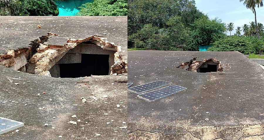 ಮೇಲ್ಛಾವಣಿ ಕುಸಿದು ಬಿದ್ದಿರುವ ದೃಶ್ಯ