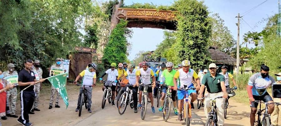 ನಾಗರಹೊಳೆ ವೀರನಹೊಸಹಳ್ಳಿ ಗೇಟ್ ಬಳಿ 66ನೇ ವನ್ಯಜೀವಿ ಸಪ್ತಾಹದ ಅಂಗವಾಗಿ ಹಮ್ಮಿಕೊಂಡಿದ್ದ ಅರಿವು ಸೈಕಲ್ ಜಾಥಾಕ್ಕೆ ಹುಲಿ ಯೋಜನಾ ನಿರ್ದೇಶಕ ಮಹೇಶ್‌ಕುಮಾರ್ ಸೋಮವಾರ ಚಾಲನೆ ನೀಡಿದರು