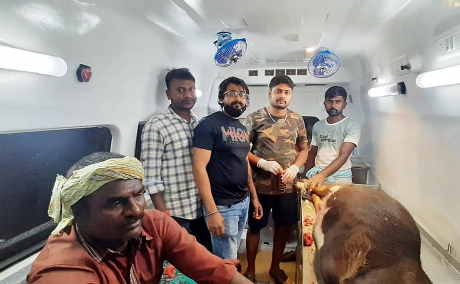 ಪಶು ಸಂಜೀವಿನಿ 1962 ವಾಹನದಲ್ಲಿ ಕರುವಿನ ಶಸ್ತ್ರಚಿಕಿತ್ಸೆಗೆ ಮುಂದಾಗಿರುವ ತಜ್ಞ ಪಶು ವೈದ್ಯರ ತಂಡ (ಎಡಚಿತ್ರ). ಪಶು ಸಂಜೀವಿನಿ ವಾಹನದ ಒಳಭಾಗದಲ್ಲಿ ಆಧುನಿಕ ಉಪಕರಣಗಳು