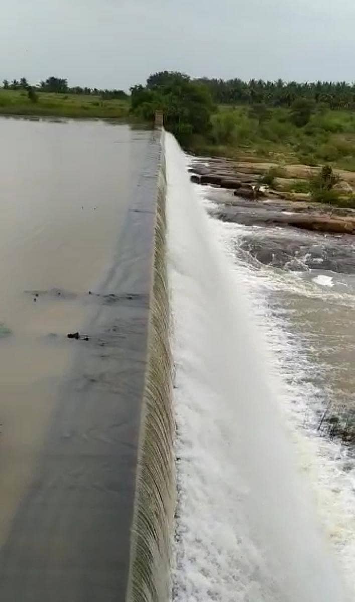 ನಾಗಮಂಗಲ ತಾಲ್ಲೂಕಿನ ದುಮ್ಮಸಂದ್ರ ಗ್ರಾಮದಲ್ಲಿ ವೀರ ವೈಷ್ಣವಿ ನದಿಗೆ ಕಟ್ಟಲಾಗಿರುವ ಅಣೆಕಟ್ಟು ತುಂಬಿ ಹರಿಯುತ್ತಿರುವುದು