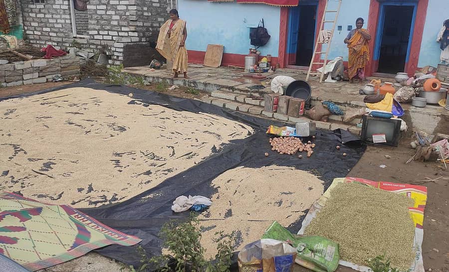 ಸೇಡಂ ತಾಲ್ಲೂಕಿನ ಸಟಪಟನಹಳ್ಳಿ ಗ್ರಾಮದಲ್ಲಿ ಮಹಿಳೆಯರು ಮಳೆಯಿಂದ ತೋಯ್ದ ಧಾನ್ಯಗಳನ್ನು ಒಣಗಿಸಲು ಹಾಕಿದರು
