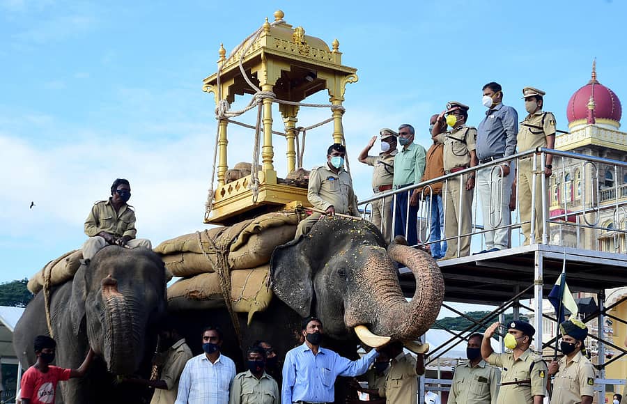 ಮೈಸೂರು ದಸರಾ ಮಹೋತ್ಸವದ ಪೂರ್ವಭಾವಿಯಾಗಿ ಶನಿವಾರ ಅರಮನೆ ಆವರಣದಲ್ಲಿ ಅಭಿಮನ್ಯು ಆನೆ ಚಿನ್ನದ ಅಂಬಾರಿಯನ್ನೇ ಹೋಲುವ ಮರದ ಅಂಬಾರಿ ಹೊತ್ತು ಅಂತಿಮ ತಾಲೀಮು ನಡೆಸುವ ವೇಳೆ ಮೈಸೂರು ನಗರ ಪೊಲೀಸ್ ಆಯುಕ್ತ ಡಾ.ಚಂದ್ರಗುಪ್ತ ಪುಷ್ಪಾರ್ಚನೆ ಮಾಡಿದರು. ಅಪರಾಧ ಮತ್ತು ಸಂಚಾರ ವಿಭಾಗದ ಡಿಸಿಪಿ ಎಂ.ಎಸ್.ಗೀತಾ ಇದ್ದರು (ಮೊದಲ ಚಿತ್ರ). ಅರಮನೆ ಮುಂಭಾಗ ನಡೆದ ತಾಲೀಮಿನಲ್ಲಿ ಪಾಲ್ಗೊಂಡಿದ್ದ ಅಶ್ವಾರೋಹಿ ಪಡೆ (ಮಧ್ಯದ ಚಿತ್ರ). ಅರಮನೆ ಆವರಣದಲ್ಲಿ ತಾಲೀಮಿನ ವೇಳೆ ಮರಗಾಲು ವೇಷಧಾರಿ ಸಾಗಿದ ರೀತಿ ಪ್ರಜಾವಾಣಿ ಚಿತ್ರ/ ರಂಜು ಪಿ.