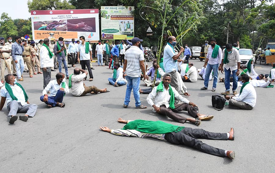 ಕಬ್ಬಿಗೆ ನ್ಯಾಯಯುತವಾದ ಬೆಲೆ ನಿಗದಿ ಮಾಡಬೇಕು ಎಂದು ಆಗ್ರಹಿಸಿ ರಾಜ್ಯ ಕಬ್ಬು ಬೆಳೆಗಾರರ ಸಂಘ ಹಾಗೂ ರಾಜ್ಯ ರೈತ ಸಂಘಟನೆಗಳ ಒಕ್ಕೂಟದ ನೇತೃತ್ವದಲ್ಲಿ ರೈತರು ಜಿಲ್ಲಾಧಿಕಾರಿ ಕಚೇರಿ ಎದುರು ಸೋಮವಾರ ಪ್ರತಿಭಟನೆ ನಡೆಸಿದರು