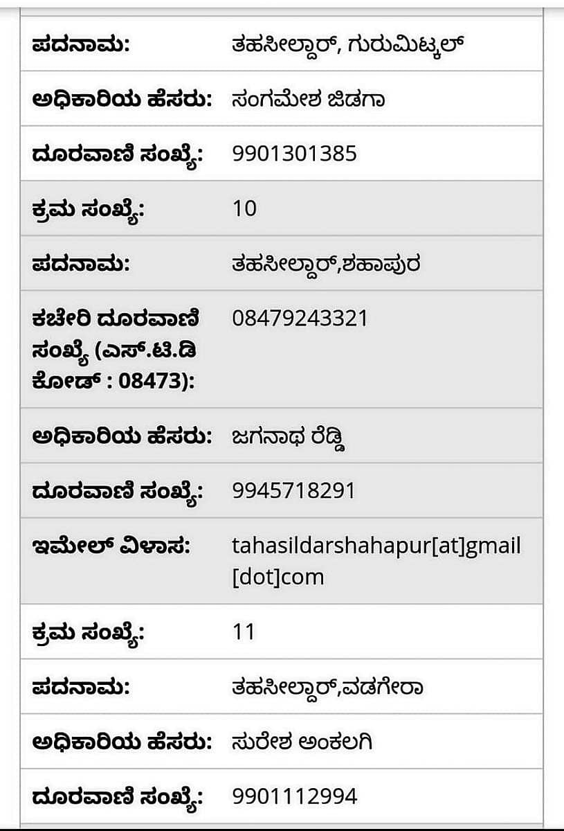 ಯಾದಗಿರಿ ಜಾಲತಾಣದಲ್ಲಿ ತಾಲ್ಲೂಕು ತಹಶೀಲ್ದಾರ್ಗಳ ಹೆಸರು ಬದಲಾವಣೆ ಆಗಿರುವುದು