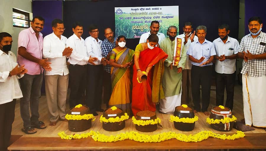 ಹಡಿಲು ಬಿದ್ದಿದ್ದ 50 ಎಕರೆ ಭೂಮಿಯಲ್ಲಿ ನಿಟ್ಟೂರು ಪ್ರೌಢಶಾಲೆಯ ಹಳೆಯ ವಿದ್ಯಾರ್ಥಿಗಳ ತಂಡ ಬೆಳೆದ ಭತ್ತದಲ್ಲಿ ‘ನಿಟ್ಟೂರು ಸ್ವರ್ಣ’ ಬ್ರಾಂಡ್ ಹೆಸರಿನ ಅಕ್ಕಿಯನ್ನು ಶುಕ್ರವಾರ ಮಾರುಕಟ್ಟೆಗೆ ಬಿಡುಗಡೆ ಮಾಡಲಾಯಿತು.