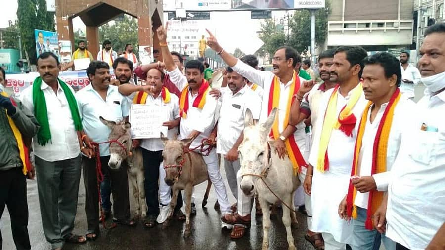 ವಿಭಜನೆಯನ್ನು ವಿರೋಧಿಸಿ ಬಳ್ಳಾರಿಯಲ್ಲಿ ಗುರುವಾರ ಅಖಂಡ ಬಳ್ಳಾರಿ ಹೋರಾಟ ಸಮಿತಿ ಮುಖಂಡರು ಕತ್ತೆಗಳೊಂದಿಗೆ‍ ಪ್ರತಿಭಟನೆ ನಡೆಸಿದರು.