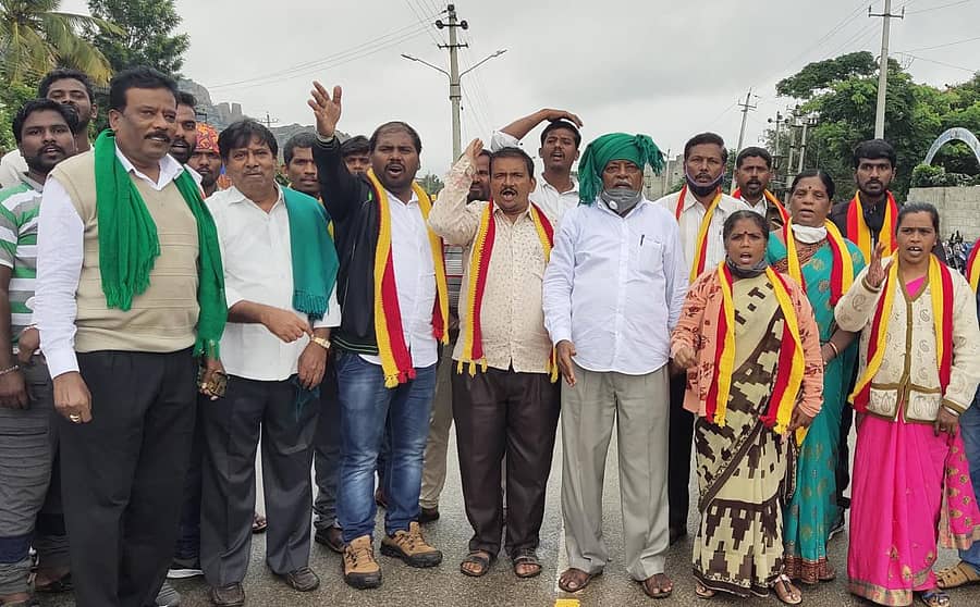 ಬಾಗೇಪಲ್ಲಿ ಪಟ್ಟಣದಲ್ಲಿ ಕರವೇ ಹಾಗೂ ರೈತಪರ ಸಂಘಟನೆಗಳ ಮುಖಂಡರು ಪ್ರತಿಭಟನೆ ನಡೆಸಿದರು