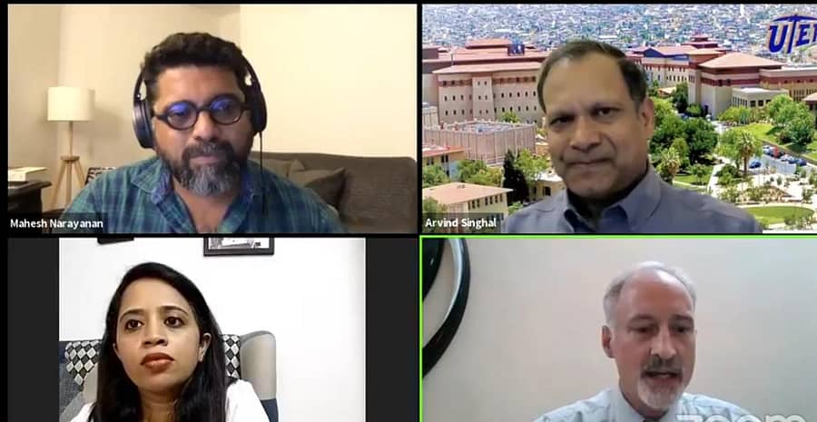 ಮಹೇಶ್ ನಾರಾಯಣನ್, ಡಾ. ಅರವಿಂದ ಸಿಂಘಾಲ್, ಧನ್ಯಾ ರಾಜೇಂದ್ರನ್, ಕಾನ್ಸುಲೇಟ್ ಅಧಿಕಾರಿ ಮೌಲಿಕ್ ಬರ್ಕಾನ ಸಂವಾದ ನಡೆಸಿಕೊಟ್ಟರು.