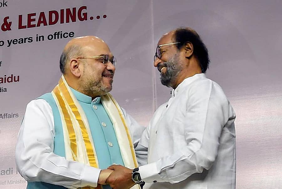 ರಜನಿಕಾಂತ್ ಜೊತೆ ಬಿಜೆಪಿ ಹಿರಿಯ ನಾಯಕ ಅಮಿತ್ ಶಾ (ಪಿಟಿಐ ಚಿತ್ರ)