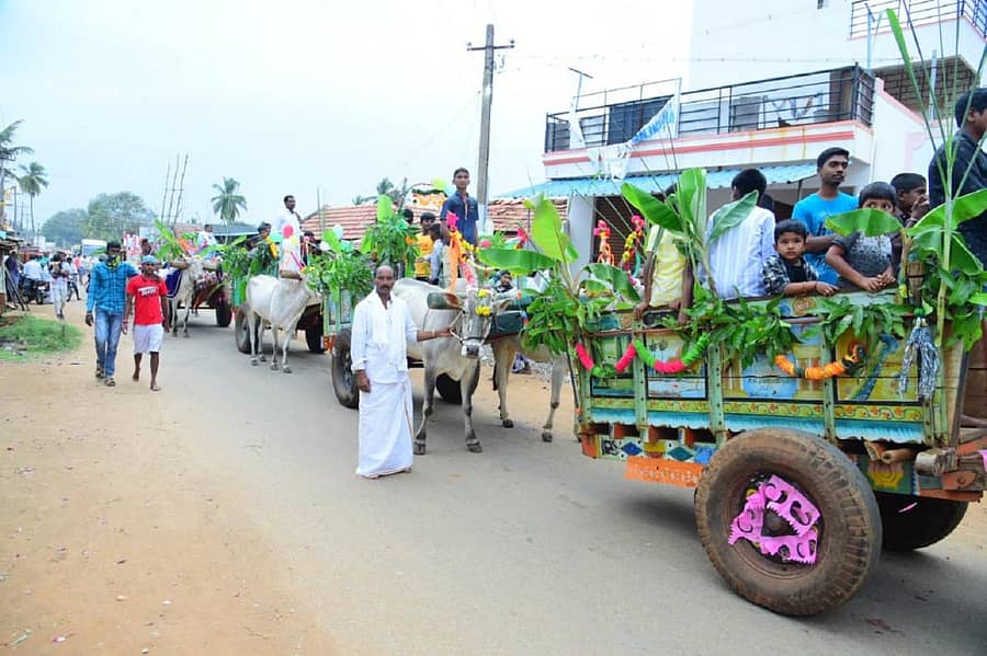 ಸುಗ್ಗಿ ಹುಗ್ಗಿ ಕಾರ್ಯಕ್ರಮದ ಅಂಗವಾಗಿ ನಡೆದ ಮೆರವಣಿಗೆಯಲ್ಲಿ ಅಲಂಕೃತ ಎತ್ತಿನ ಬಂಡಿಗಳು ಗಮನಸೆಳೆದವು