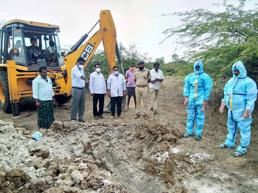 ಕಾದಲವೇಣಿ ಕೆರೆಯಲ್ಲಿ ಅನುಮಾನಾಸ್ಪದವಾಗಿ ಸತ್ತಿದ್ದ ಕೊಕ್ಕರೆಗಳನ್ನು ಗುಂಡಿ ತೆಗೆದು ಸಾಮೂಹಿಕವಾಗಿ ಹೂಳಲಾಯಿತು