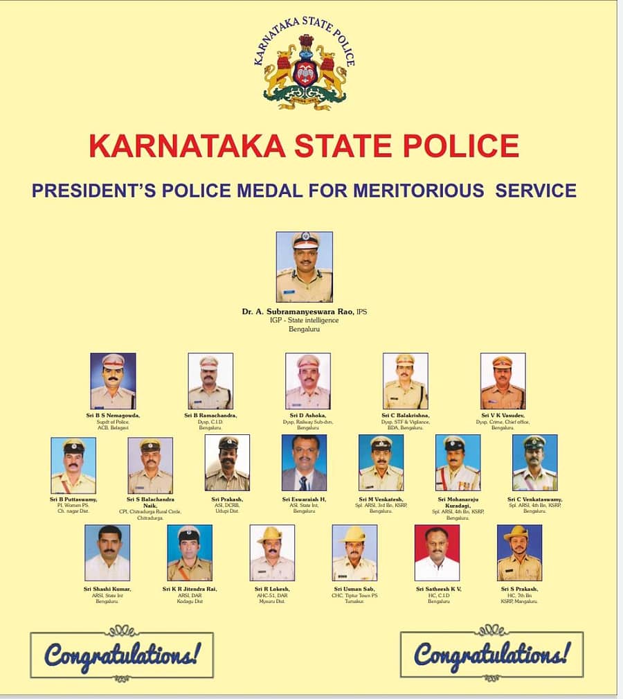 2021ನೇ ಸಾಲಿನ ರಾಷ್ಟ್ರಪತಿ ಪದಕ ಪಡೆದ ರಾಜ್ಯದ ಪೊಲೀಸರು