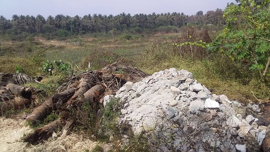 ದಾಸಪ್ಪನ ಕೆರೆಯಂಗಳದಲ್ಲಿ ಕಟ್ಟಡ ತ್ಯಾಜ್ಯಗಳನ್ನು ಸುರಿದಿರುವುದು