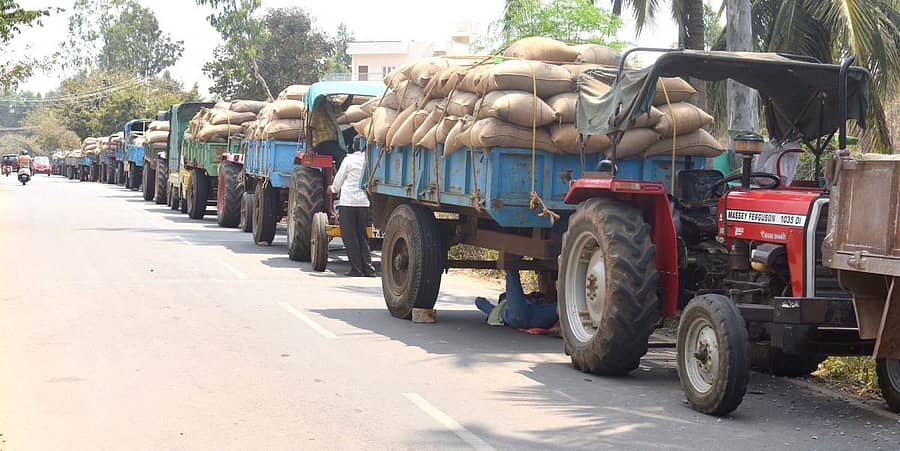 ಬೆಂಬಲ ಬೆಲೆಗೆ ರಾಗಿ ಮಾರಲು ಟ್ರ್ಯಾಕ್ಟರ್‌ನಲ್ಲಿ ಬಂದಿರುವ ರೈತರು 
