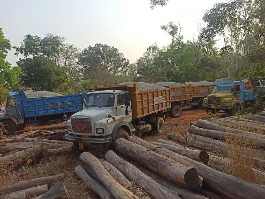 ಶ್ರೀರಂಗಪಟ್ಟಣ ತಾಲ್ಲೂಕಿನ ವಿವಿಧೆಡೆ ಅರಣ್ಯ ಇಲಾಖೆಯ ಅಧಿಕಾರಿಗಳು ದಾಳಿ ನಡೆಸಿ ವಶಪಡಿಸಿಕೊಂಡಿರುವ ಟಿಪ್ಪರ್, ಟ್ರಾಕ್ಟರ್ ಹಾಗೂ ಕಲ್ಲುಗಳು