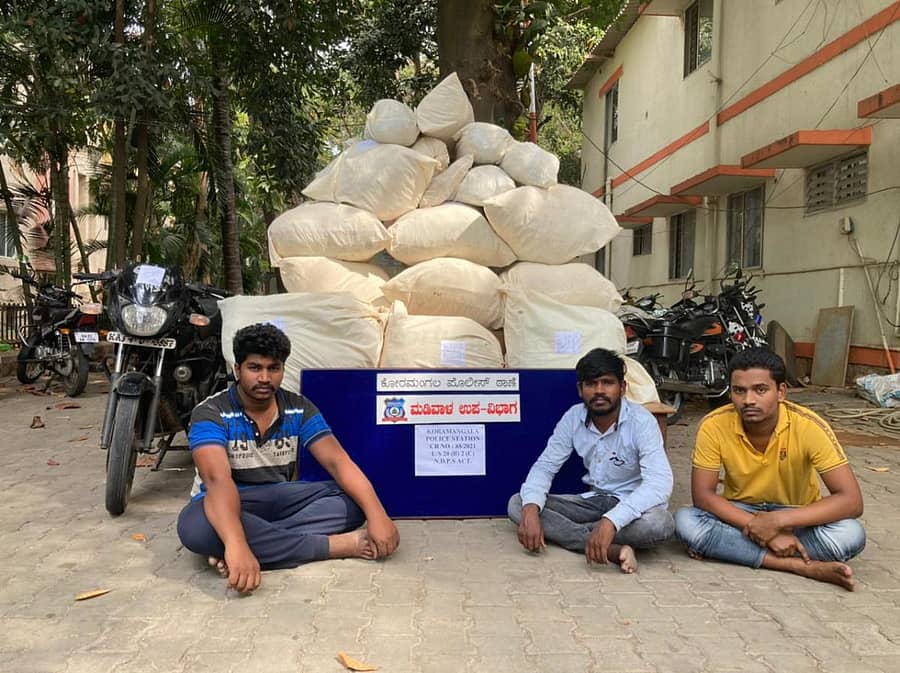 ಜಪ್ತಿ ಮಾಡಲಾದ ಗಾಂಜಾ ಚೀಲಗಳ ಜೊತೆಯಲ್ಲಿ ಆರೋಪಿಗಳು