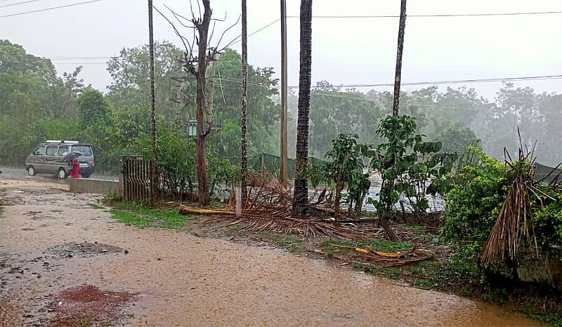 ಕೊಡಗು ಜಿಲ್ಲೆಯ ನಾಪೋಕ್ಲು ಸಮೀಪದ ಬಲಮುರಿ ಗ್ರಾಮದಲ್ಲಿ ಗುರುವಾರ ಮಧ್ಯಾಹ್ನ ಧಾರಾಕಾರ ಮಳೆ ಸುರಿಯಿತು