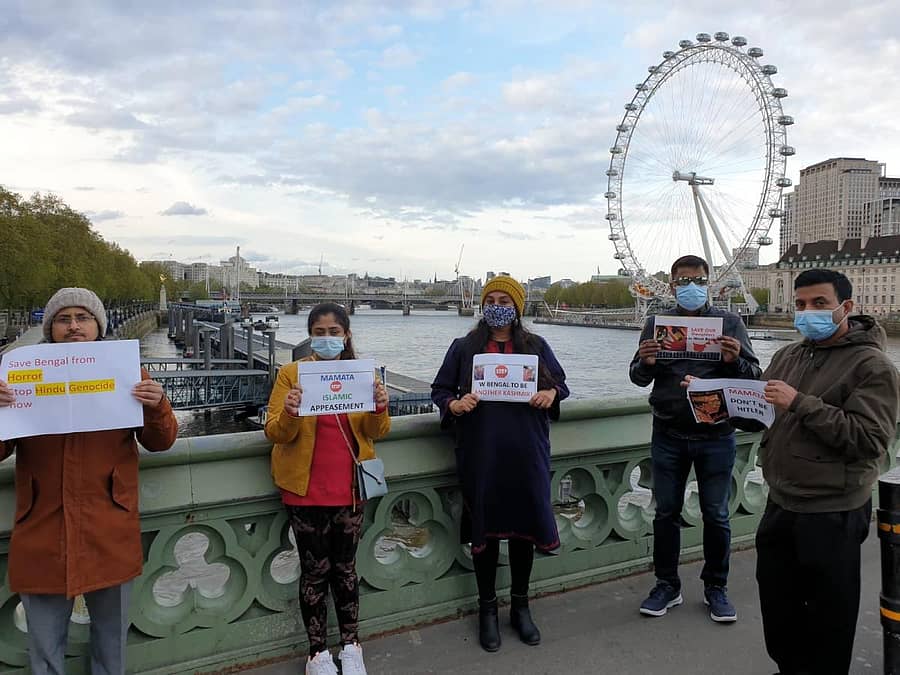 ಪಶ್ಚಿಮ ಬಂಗಾಳದಲ್ಲಿ ನಡೆದಿರುವ ಹಿಂಸಾಚಾರ ಮತ್ತು ಬಿಜೆಪಿ ಕಾರ್ಯಕರ್ತರ ಹತ್ಯೆ ವಿರುದ್ಧ ಅನಿವಾಸಿ ಭಾರತೀಯರ ಪ್ರತಿಭಟನೆ ಚಿತ್ರ: ಅಮಿತ್ ಮಾಳವಿಯಾ ಟ್ವಿಟರ್ನಿಂದ