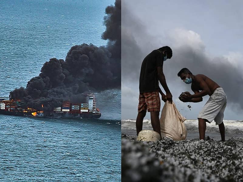  ಶ್ರೀಲಂಕಾದ ಕಡಲ ತೀರದಲ್ಲಿ ಅಗ್ನಿ ಅನಾಹುತಕ್ಕೆ ಸಿಲುಕಿರುವ, 'ಎಕ್ಸ್‌ಪ್ರೆಸ್‌ ಪರ್ಲ್‌' ಎಂಬ ಹೆಸರಿನ ಸಿಂಗಪುರದ ಸರಕು ಸಾಗಣೆ ಹಡಗು ಮತ್ತು ಅದರಿಂದ ತೇಲಿಬಂದ ಬೂದಿ 