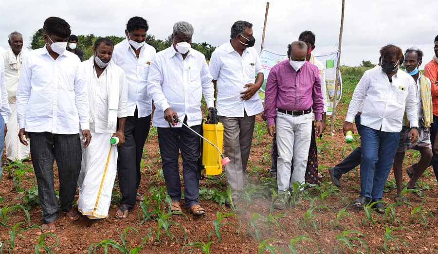 ಭರಮಸಾಗರ ಸಮೀಪದ ಕಾಲಗೆರೆ ಗ್ರಾಮದ ತಿಮ್ಮಣ್ಣ ಅವರ ಜಮೀನಿನಲ್ಲಿ ಕೆಎಸ್ಆರ್ಟಿಸಿ ನಿಗಮದ ಅಧ್ಯಕ್ಷ ಎಂ. ಚಂದ್ರಪ್ಪ ನ್ಯಾನೊ ಯೂರಿಯಾ ಪ್ರಾತ್ಯಕ್ಷಿಕೆಗೆ ಚಾಲನೆ ನೀಡಿದರು.