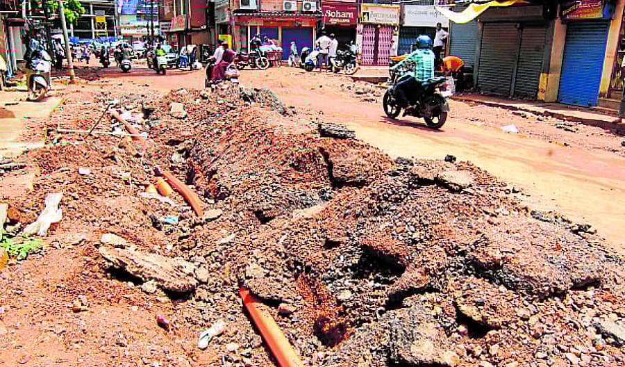 ಹುಬ್ಬಳ್ಳಿಯ ಷಾ ಬಜಾರ್ ರಸ್ತೆಯಲ್ಲಿ ಕೇಬಲ ಅಳವಡಿಸಲು ರಸ್ತೆ ಅಗೆದು, ಸರಿಯಾಗಿ ಮಣ್ಣು ಮುಚ್ಚದೆ ಹಾಗೆಯೇ ಬಿಟ್ಟಿರುವುದು -ಪ್ರಜಾವಾಣಿ ಚಿತ್ರ: ಗುರು ಹಬೀಬ