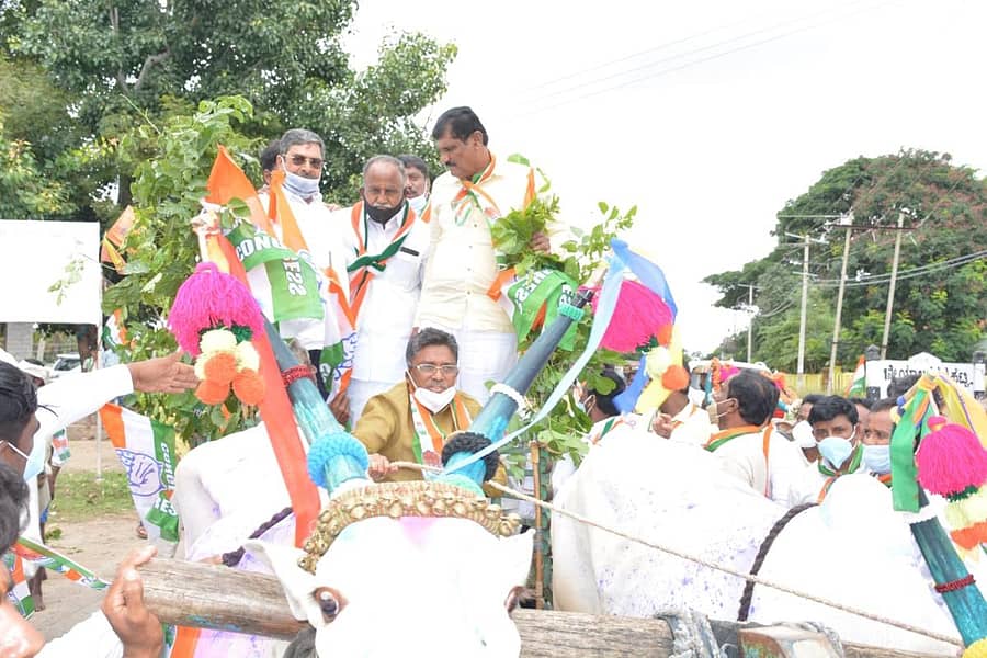 ಹೊಸದುರ್ಗದಲ್ಲಿ ಶನಿವಾರ ನಡೆದ ಕಾಂಗ್ರೆಸ್ ಜಾಥಾದಲ್ಲಿ ಜಿಲ್ಲಾ ಉಸ್ತುವಾರಿ ವಿ.ಎಸ್. ಉಗ್ರಪ್ಪ ಅಲಂಕೃತ ಎತ್ತಿನಗಾಡಿ ಓಡಿಸಿದರು.