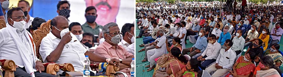 ಸಭೆಯಲ್ಲಿ ಆರ್.ಮಂಜುನಾಥ್, ಎಚ್.ಡಿ.ಕುಮಾರಸ್ವಾಮಿ, ಡಿ.ಆರ್. ನಂಜುಂಡಪ್ಪ ಇದ್ದರು. ಸಭೆಯಲ್ಲಿ ಪಾಲ್ಗೊಂಡಿದ್ದ ಸಂತ್ರಸ್ತರು   -ಪ್ರಜಾವಾಣಿ ಚಿತ್ರ