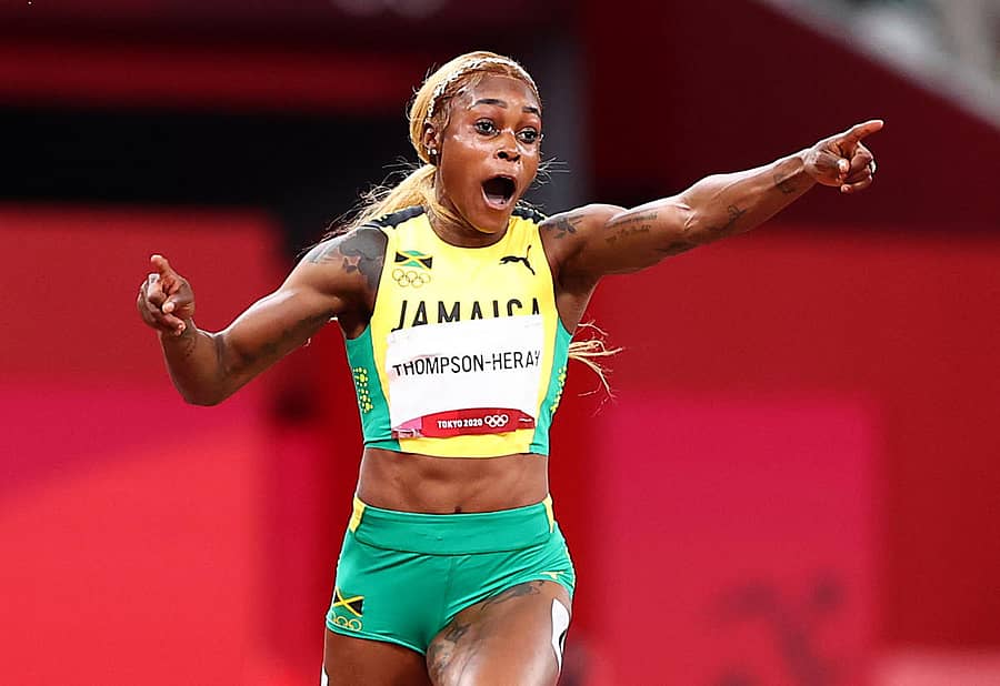 ಅಂತಿಮ ಗೆರೆಯ ಬಳಿ ಸಂಭ್ರಮಿಸಿದ ಎಲೈನ್ ಥಾಮ್ಸನ್ ಹೆರಾ –ರಾಯಿಟರ್ಸ್ ಚಿತ್ರ