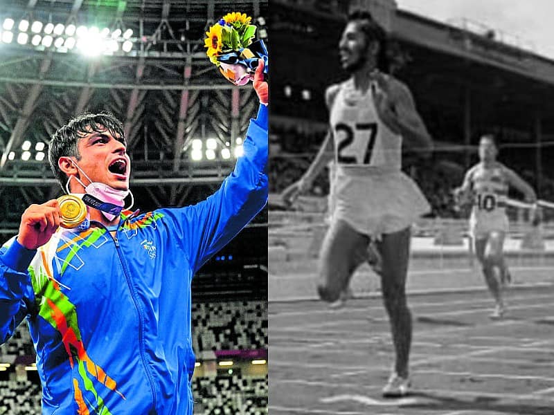 ನೀರಜ್ ಚೋಪ್ರಾ (ಎಡಬದಿಯಲ್ಲಿ), ಮಿಲ್ಖಾ ಸಿಂಗ್ (ಬಲಬದಿಯಲ್ಲಿ)