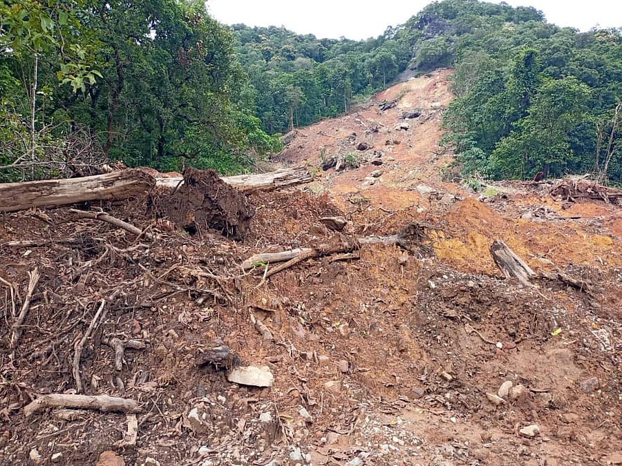 ಕಾರವಾರ ತಾಲ್ಲೂಕಿನ ಕದ್ರಾ ಸಮೀಪ ಕಾಡಿನಲ್ಲಿ ಬೆಟ್ಟ ಕುಸಿದಿದ್ದು, ಅಪಾರ ಪ್ರಮಾಣದ ಮರ, ಗಿಡಗಳು ಹಾನಿಗೀಡಾಗಿವೆ