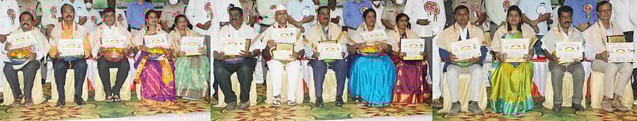 ಚಾಮರಾಜನಗರದಲ್ಲಿ ಭಾನುವಾರ ನಡೆದ ಶಿಕ್ಷಕರ ದಿನಾಚರಣೆ ಸಮಾರಂಭದಲ್ಲಿ ಜಿಲ್ಲಾ ಮಟ್ಟದ ಉತ್ತಮ ಶಿಕ್ಷಕರಾಗಿ ಆಯ್ಕೆಯಾದ 14 ಶಿಕ್ಷಕರಿಗೆ ಪ್ರಶಸ್ತಿ ಪ್ರದಾನ ಮಾಡಲಾಯಿತು