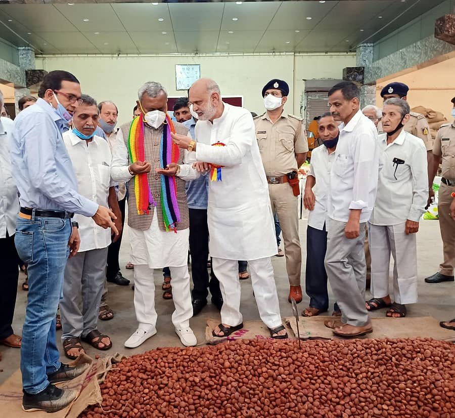 ಶಿರಸಿಯ ಟಿಎಸ್ಎಸ್ ಸಂಸ್ಥೆಯ ಅಡಿಕೆ ಮಾರುಕಟ್ಟೆಯಲ್ಲಿ ಸಹಕಾರ ಸಚಿವ ಎಸ್.ಟಿ.ಸೋಮಶೇಖರ್ ಅವರಿಗೆ ಸಚಿವ ಶಿವರಾಮ ಹೆಬ್ಬಾರ ಅಡಿಕೆ ವಿಧದ ಬಗ್ಗೆ ವಿವರಿಸಿದರು