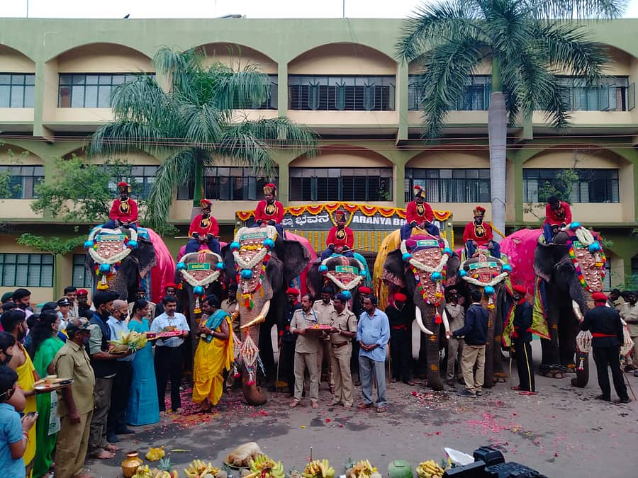 ಮೈಸೂರಿನ ಅರಣ್ಯ ಭವನದಿಂದ ಅರಮನೆಗೆ ಹೊರಟ ಗಜಪಡೆಗೆ ಅಧಿಕಾರಿಗಳು ಪೂಜೆ ಸಲ್ಲಿಸಿ ಬೀಳ್ಕೊಟ್ಟರು