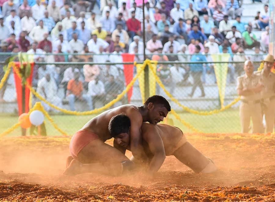 ಮೈಸೂರು ದಸರಾದಲ್ಲಿ ಜಂಬೂ ಸವಾರಿ ನಂತರದ ಪ್ರಮುಖ ಆಕರ್ಷಣೆ ಎಂದರೆ ನಾಡ ಕುಸ್ತಿ -ಪ್ರಜಾವಾಣಿ ಚಿತ್ರ: ಅನೂಪ್ ರಾಘ್. ಟಿ.