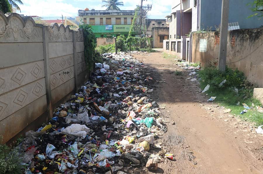 ಭ್ರಮರಾಂಬ ಬಡಾವಣೆಯ 2, 3ನೇ ಅಡ್ಡ ರಸ್ತೆಗಳ ನಡುವೆ ಸಂಪರ್ಕ ಕಲ್ಪಿಸುವ ರಸ್ತೆಯಲ್ಲಿ ಕಸದ ರಾಶಿ ಬಿದ್ದಿದ್ದು, ರಸ್ತೆಯು ಕಿರು ಹಾದಿಯಾಗಿ ಬದಲಾಗಿ ನಿವಾಸಿಗಳ ಓಡಾಟಕ್ಕೆ ತೊಂದರೆಯಾಗುತ್ತಿದೆ