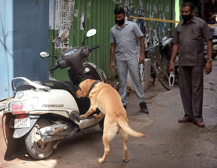 ಶ್ವಾನ ದಳ ಹಾಗೂ ಬಾಂಬ್ ನಿಷ್ಕ್ರಿಯ ದಳದ ಸಿಬ್ಬಂದಿ ಸೂಟ್ಕೇಸ್ ಪರಿಶೀಲಿಸಿದರು–ಪ್ರಜಾವಾಣಿ ಚಿತ್ರ