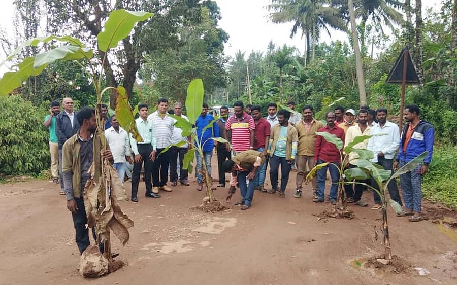 ಮೂಡಿಗೆರೆ ತಾಲ್ಲೂಕಿನ ಹಾಂದಿ – ಬಸ್ಕಲ್ ರಸ್ತೆ ದುರಸ್ತಿಗೊಳಿಸುವಂತೆ ಒತ್ತಾಯಿಸಿ ಸೋಮವಾರ ಆಟೊ ಚಾಲಕರು ಹಾಗೂ ಸುತ್ತಮುತ್ತಲ ಗ್ರಾಮಸ್ಥರು ರಸ್ತೆ ಮಧ್ಯೆಯ ಗುಂಡಿಗಳಿಗೆ ಬಾಳೆಗಿಡ ನೆಟ್ಟು ಪ್ರತಿಭಟನೆ ನಡೆಸಿದರು.