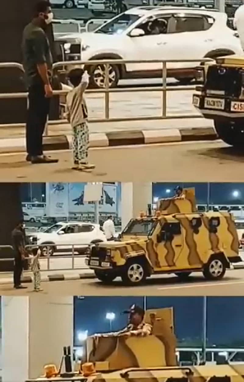 ಕೆಂಪೇಗೌಡ ಅಂತರರಾಷ್ಟ್ರೀಯ ವಿಮಾನ ನಿಲ್ದಾಣದಲ್ಲಿ ಕರ್ತವ್ಯನಿರತ ಯೋಧನಿಗೆ ಬಾಲಕನೊಬ್ಬ ಸೆಲ್ಯೂಟ್ ಮಾಡಿರುವುದು.