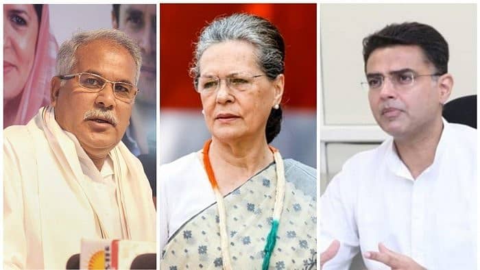 ಭೂಪೇಶ್ ಬಘೆಲ್, ಸೋನಿಯಾ ಗಾಂಧಿ ಹಾಗೂ ಸಚಿನ್ ಪೈಲಟ್ (ಐಎಎನ್ಎಸ್ & ಪಿಟಿಐ ಚಿತ್ರಗಳು)