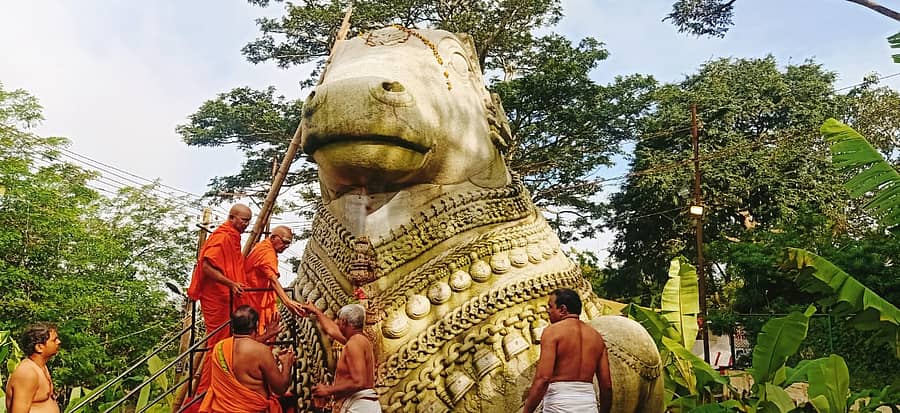 ಚಾಮುಂಡಿಬೆಟ್ಟದ ಏಕಶಿಲಾ ನಂದಿ ವಿಗ್ರಹಕ್ಕೆ ಬೆಟ್ಟದ ಬಳಗ ಚಾರಿಟೆಬಲ್ ಟ್ರಸ್ಟ್ ಸದಸ್ಯರು ಭಾನುವಾರ ಮಹಾಭಿಷೇಕ ನೆರವೇರಿಸಿದರು.